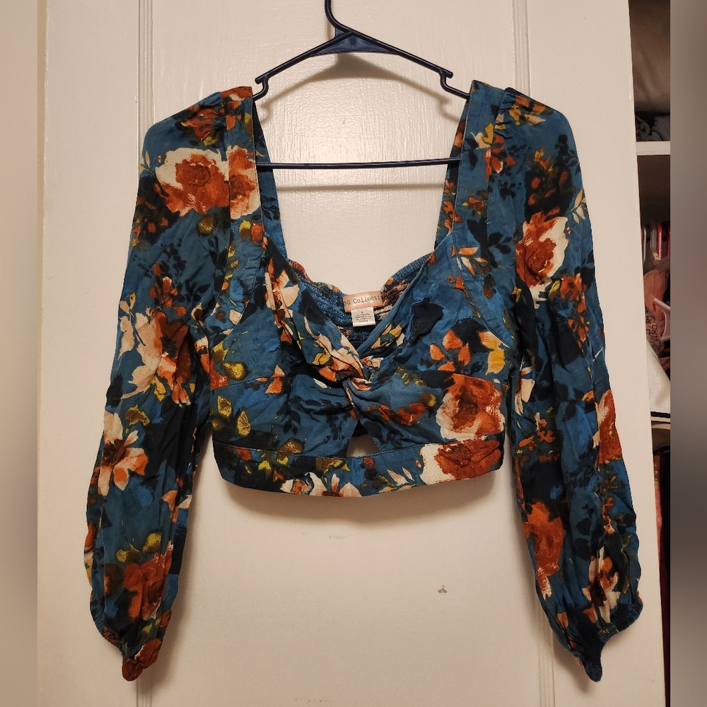 Cider Blue Floral Blouse with Long Sleeves
